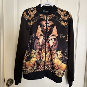 CRANK Women’s Egyptian King Time Black And Gold 80s Zip Up Jacket.Large - B42